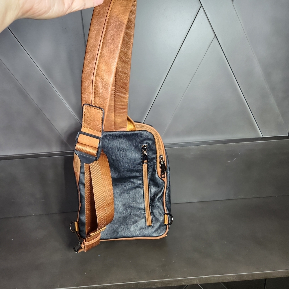 Fadeon Two-Tone Black and Tan Faux Leather Crossbody Sling Shoulder Bag - Picture 10 of 12